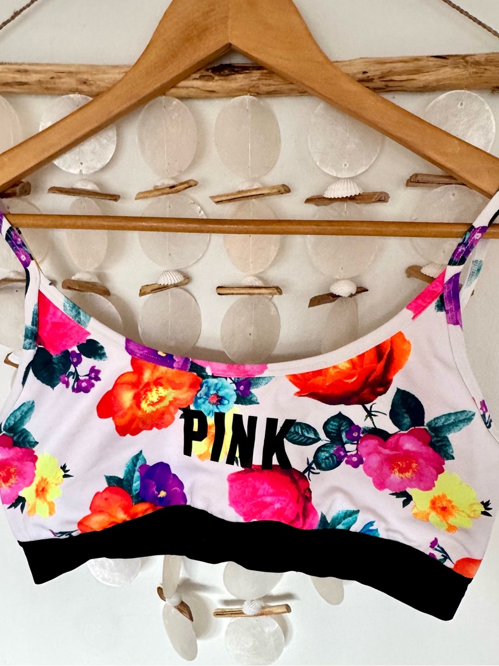 PINK Victoria's Secret White Floral Sports Bra/Bathing Suit Top with Black Band